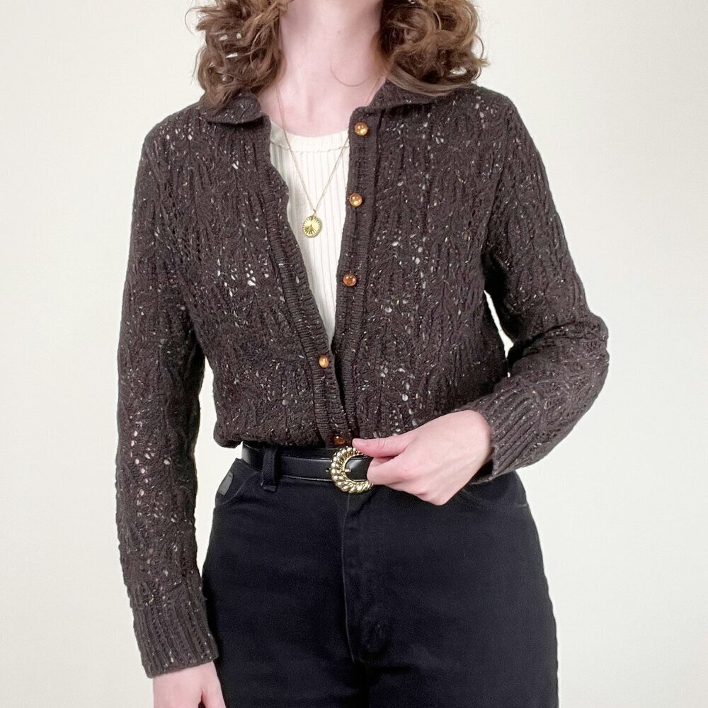 Vintage Wool Blend Cardigan Sweater Open Knit Cottagecore Rustic Cozy Romantic